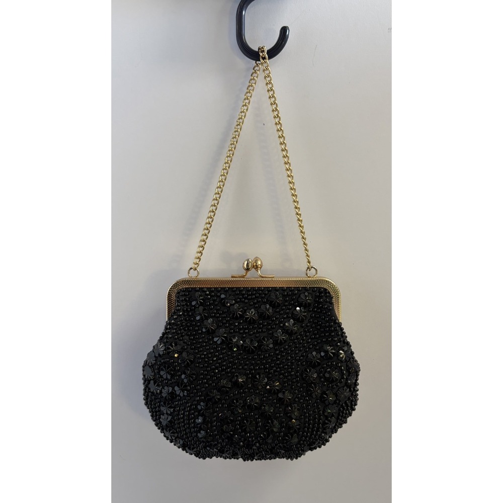 VTG Beaded Evening Purse Hong Kong Black Clutch Cocktail Glam Retro GOLDEN NAME